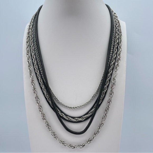 Multi-Strand Layered Silver & Black Chain Necklace 18”-22” Statement - Picture 1 of 7